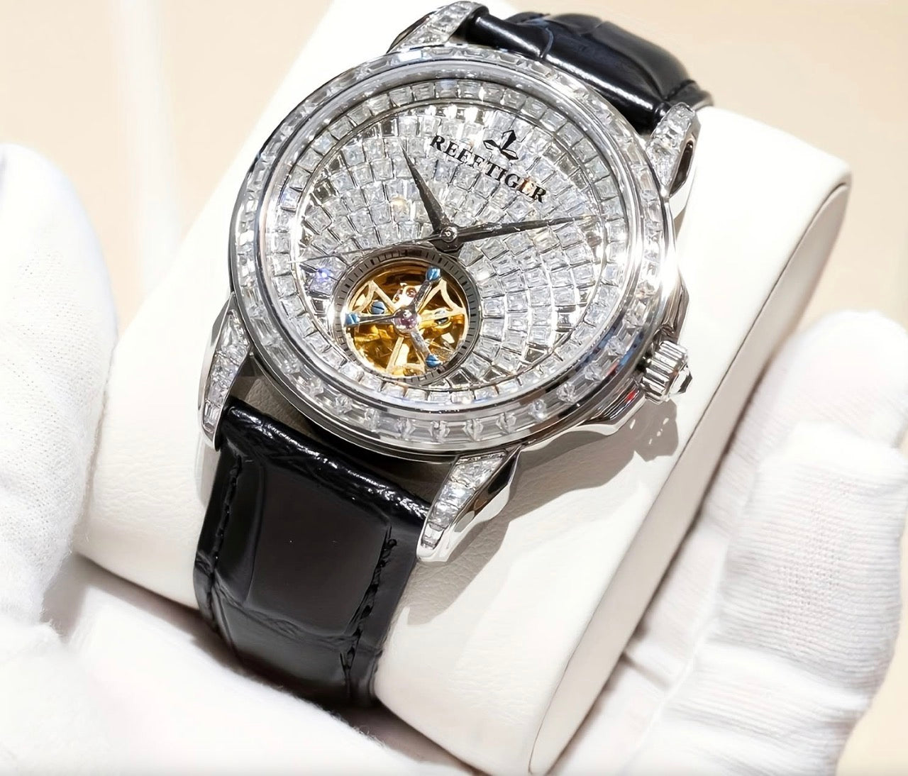Reef Tiger Tourbillon Crystal Dial Watch – Silver & Black