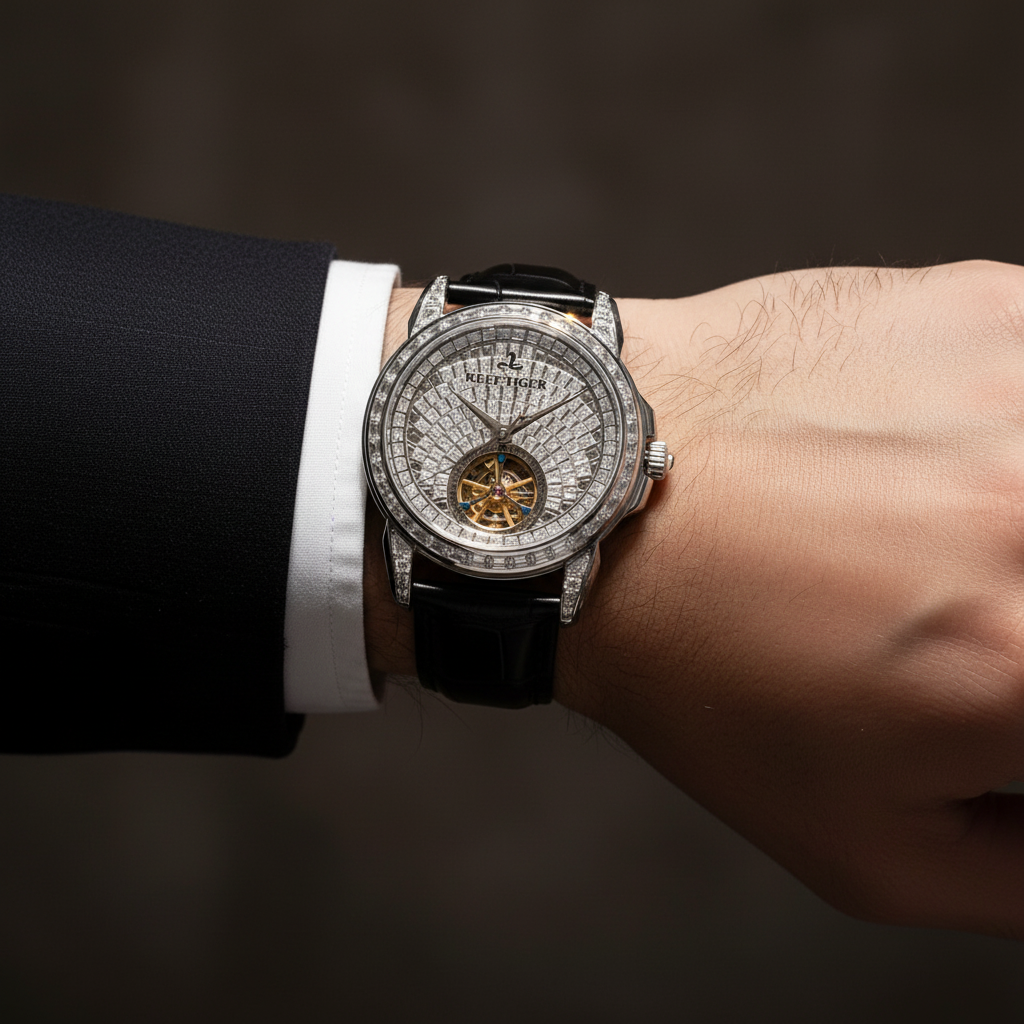 Reef Tiger Tourbillon Crystal Dial Watch – Silver & Black