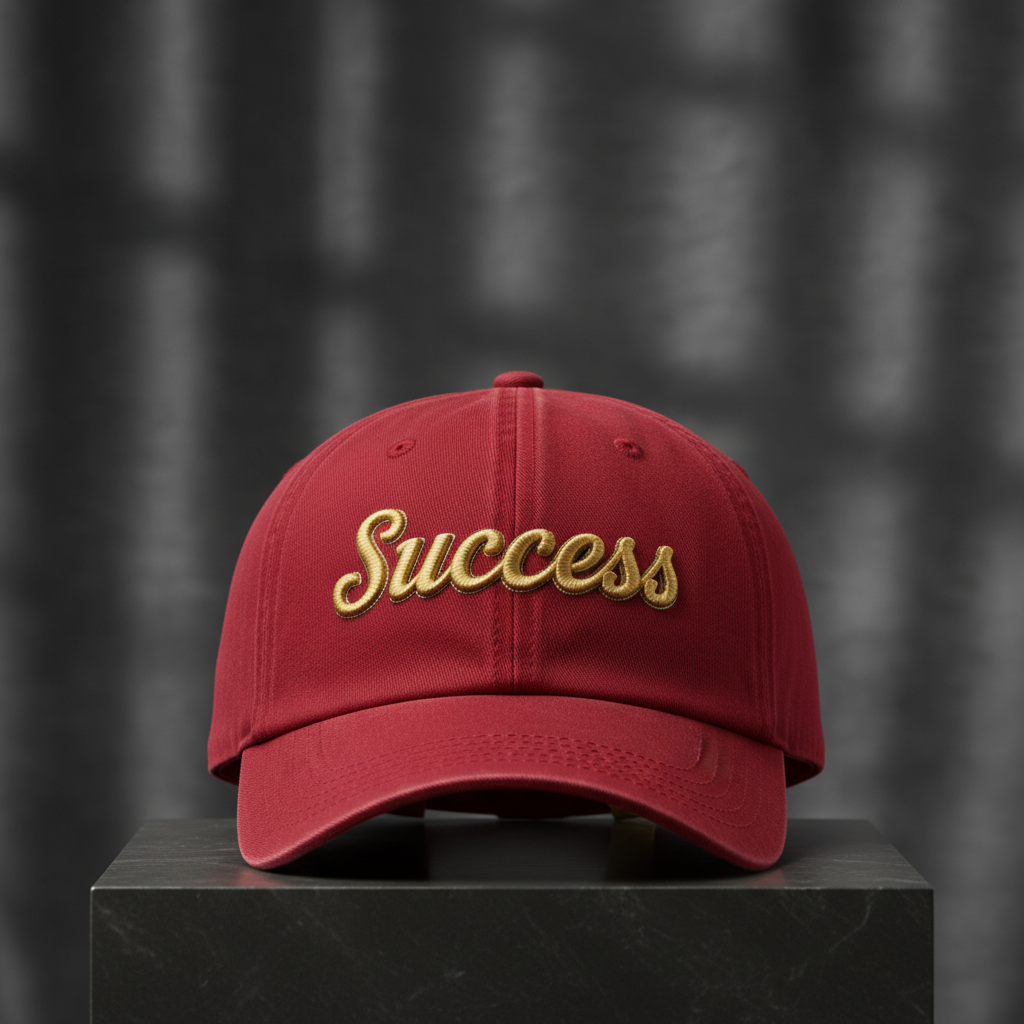 Success embroidered baseball cap in red with gold embroidery