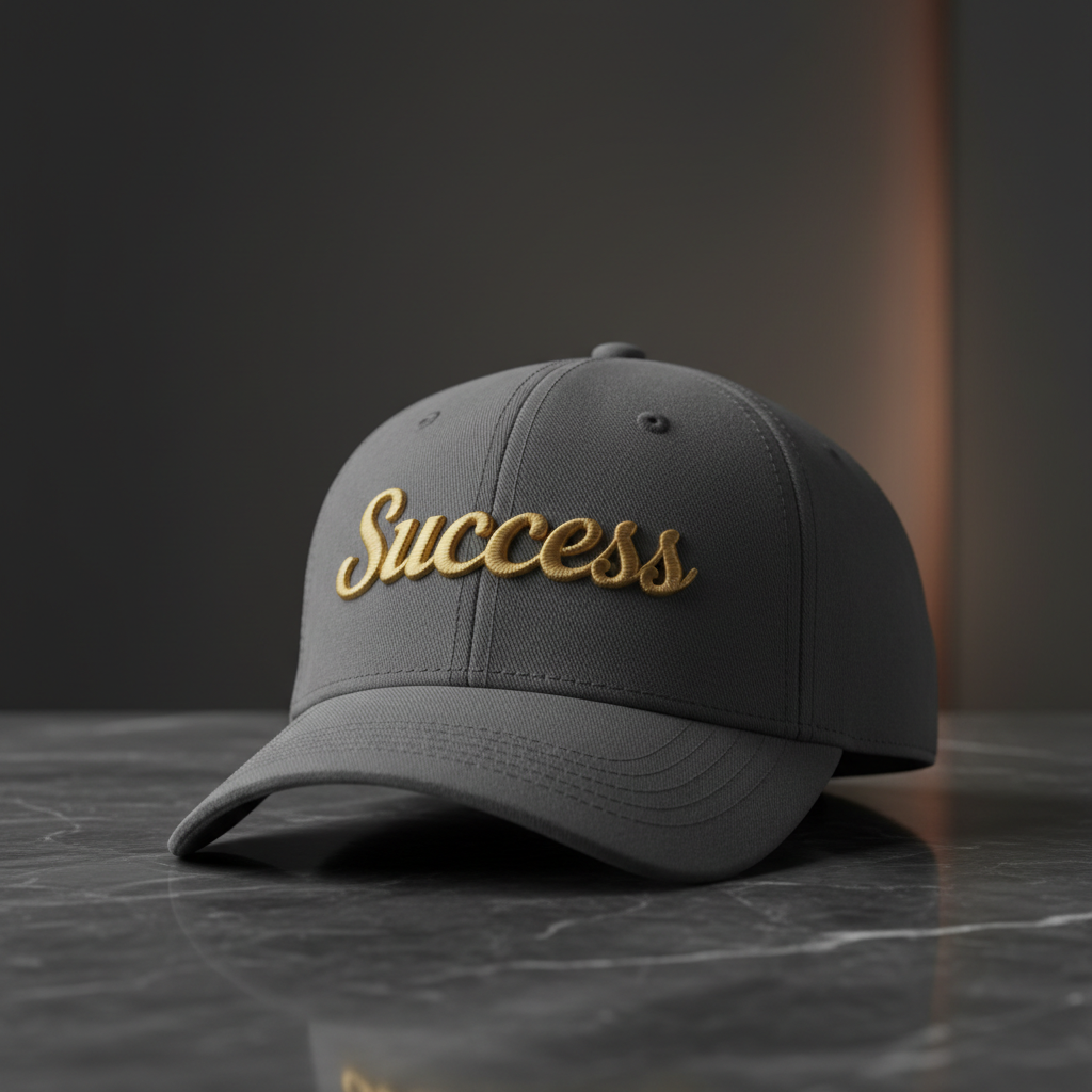 Success embroidered baseball cap in grey with gold embroidery