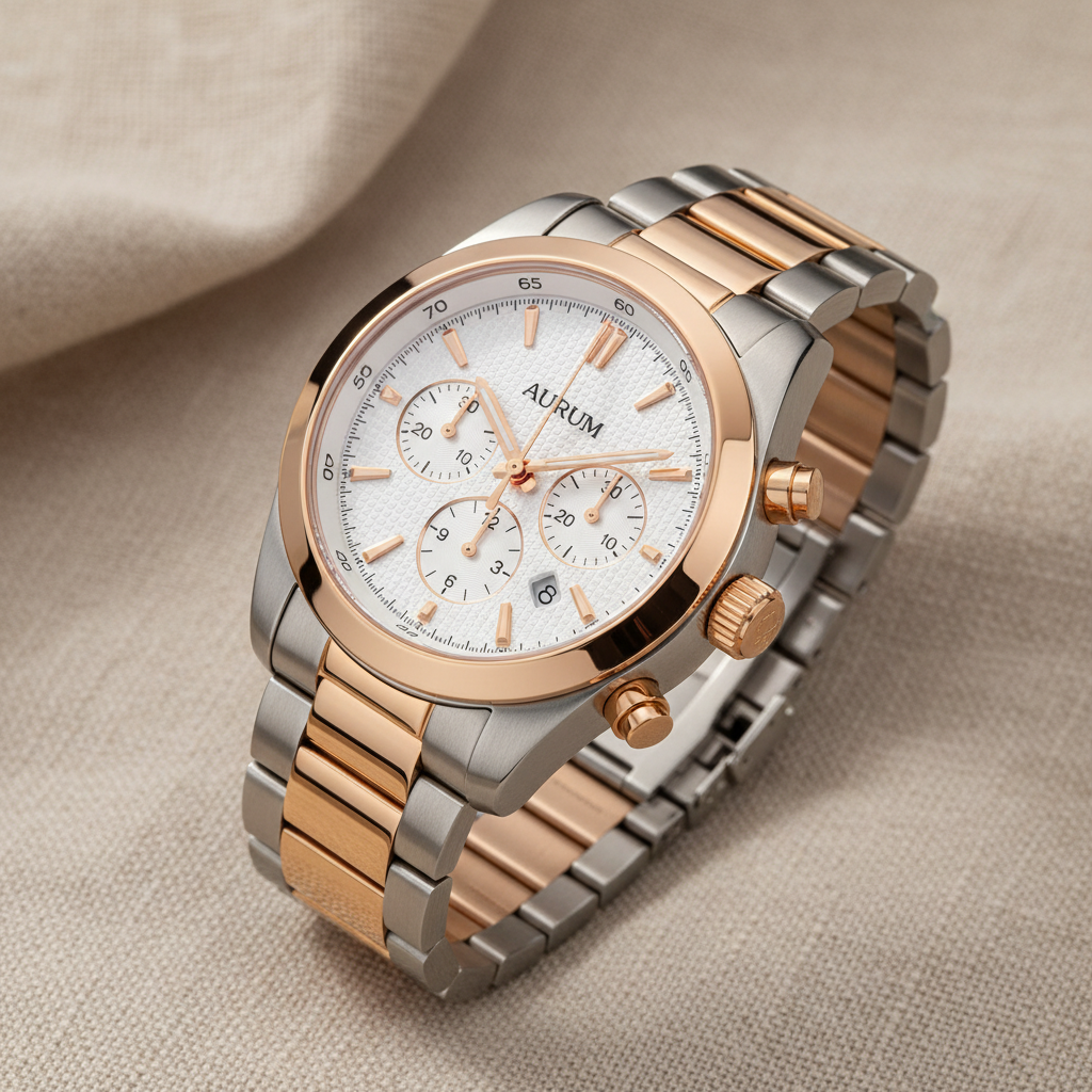 Luxury rose gold two-tone chronograph watch with white dial