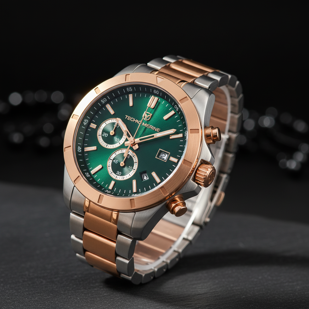 RCF Techno Marine Men's Watch - Rose Gold with Silver Green Dial