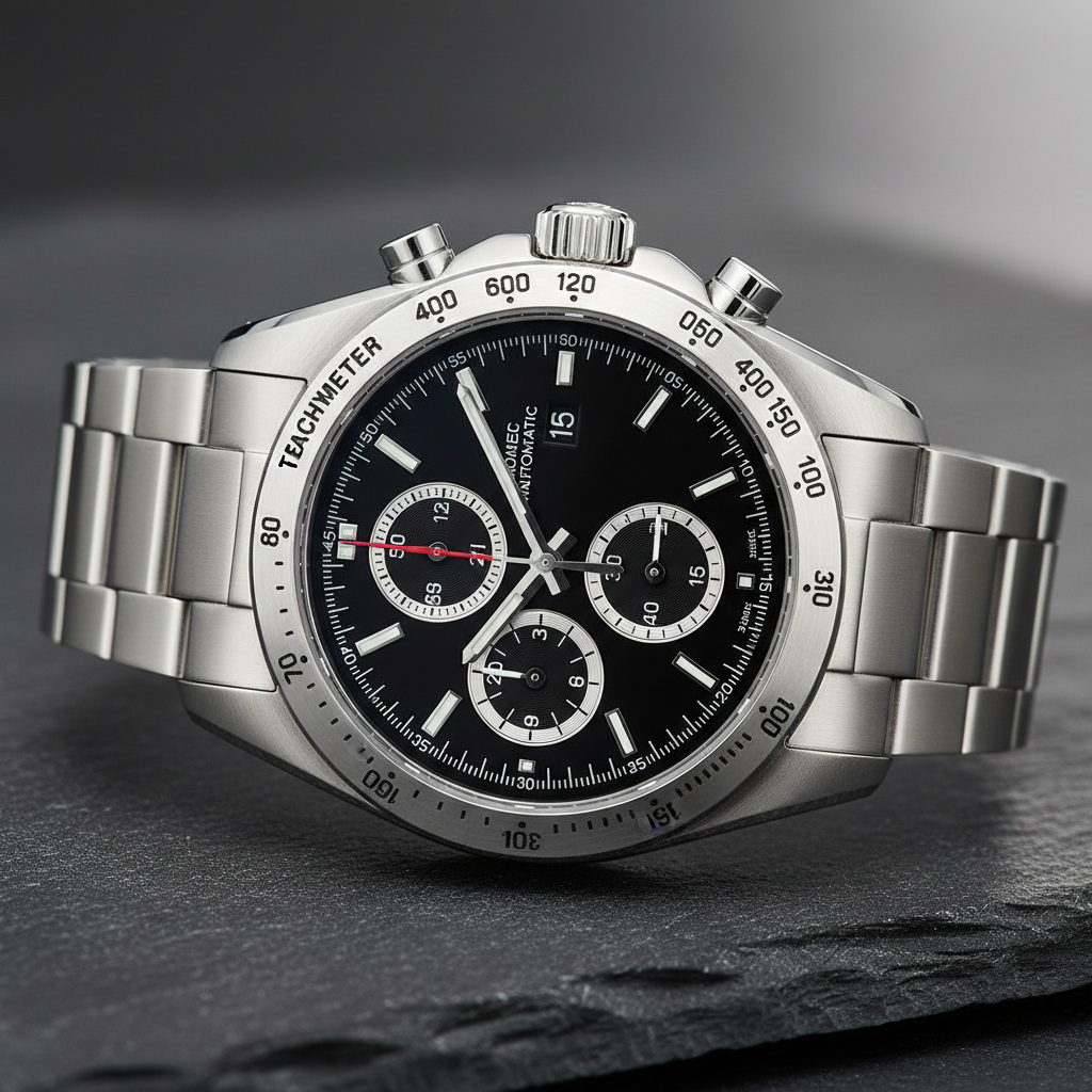 Luxury automatic steel chronograph watch with black dial and tachymeter bezel