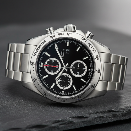 Luxury automatic steel chronograph watch with black dial and tachymeter bezel