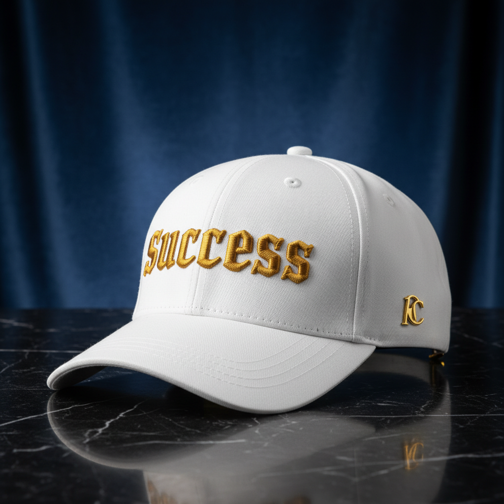 Success embroidered baseball cap in white with gold embroidery