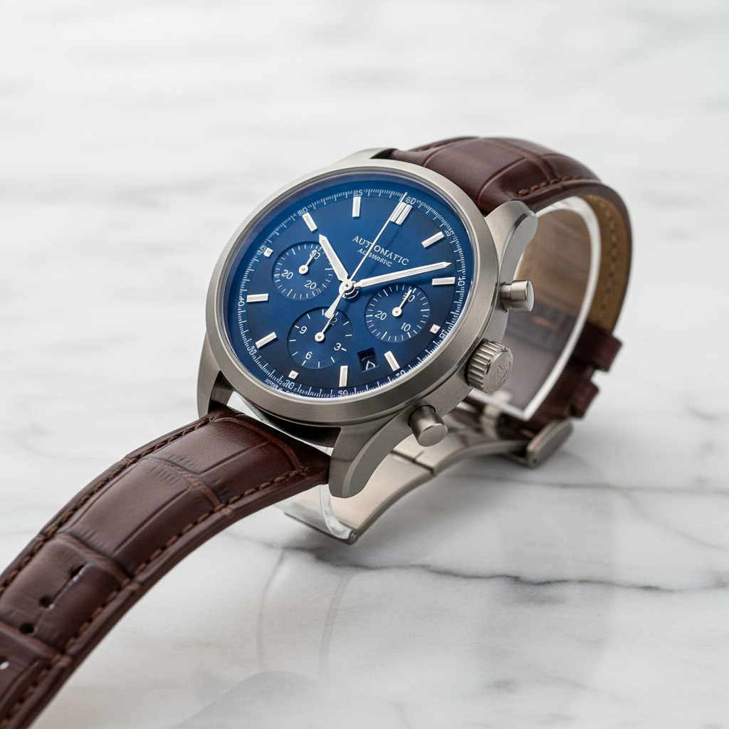 Luxury gunmetal chronograph watch with blue dial and leather strap
