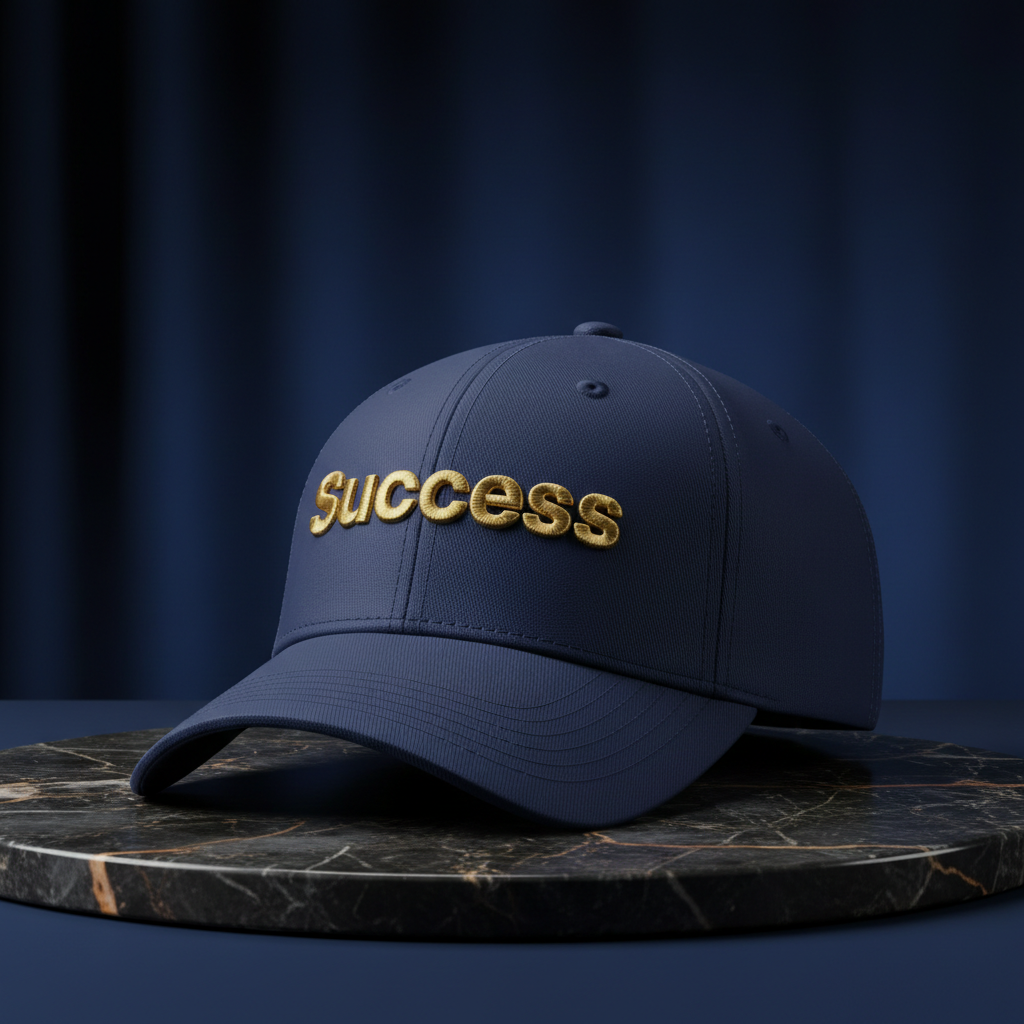 Success embroidered baseball cap in navy with gold embroidery