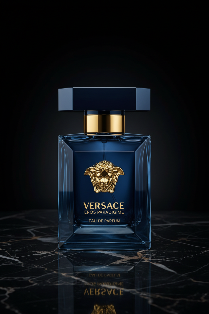 Versace Eros Paradigme Eau de Parfum bottle on dark marble surface