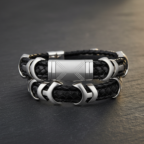 Distinctive Men's Luxury Leather & Steel Bracelet