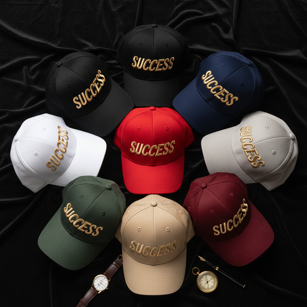 Success embroidered baseball cap flat lay showing multiple colorways on dark luxury background