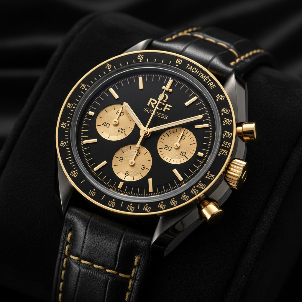 RCF Success watch in black and gold with leather strap