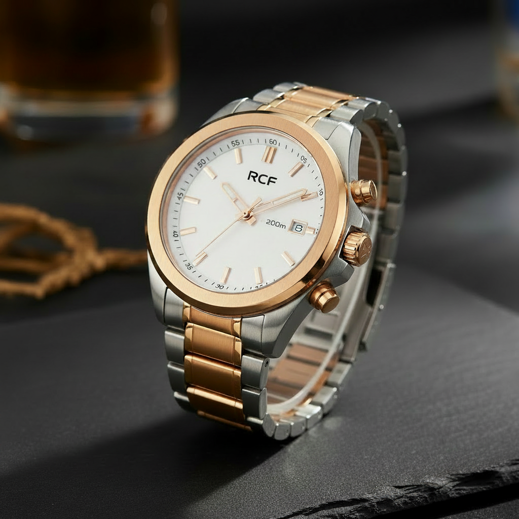 RCF Techno Marine Octagonal Men's Watch — Two-Tone Rose Gold & Silver | White Dial