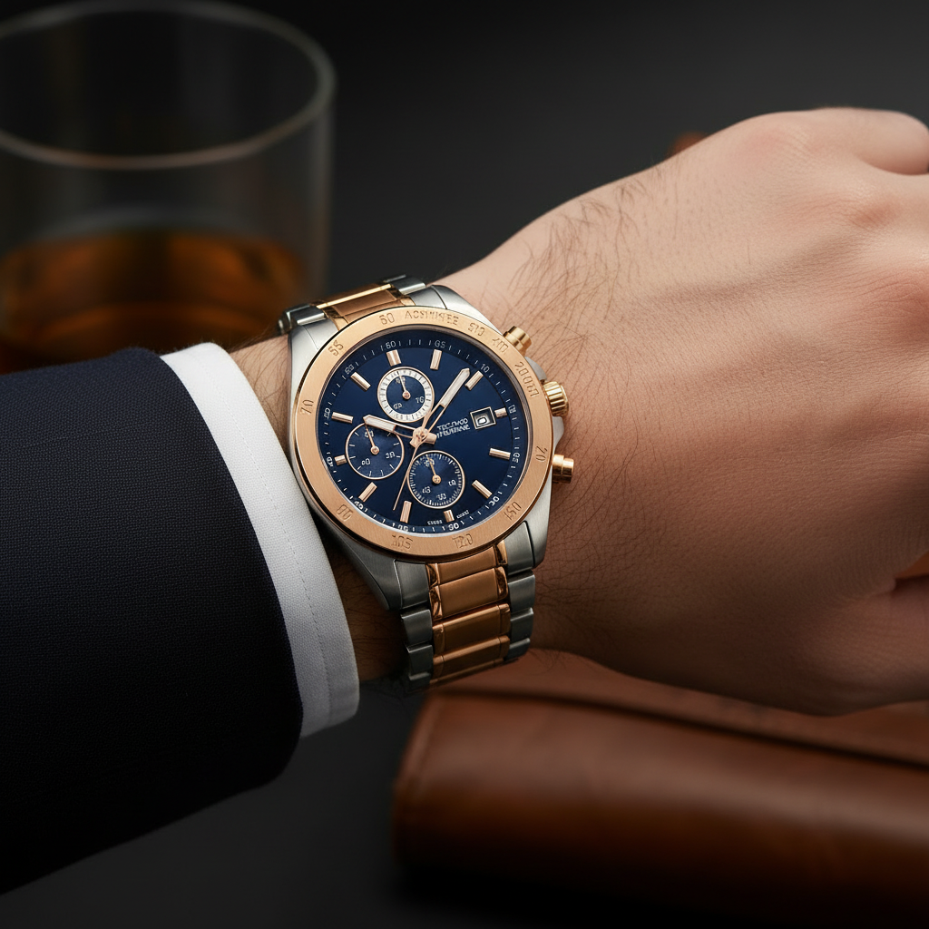 RCF Techno Marine Men's Watch — Two-Tone Rose Gold & Silver | Blue Dial