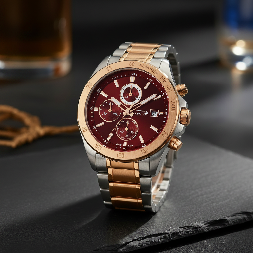 RCF Techno Marine Men's Watch — Two-Tone Rose Gold & Silver | Red Dial