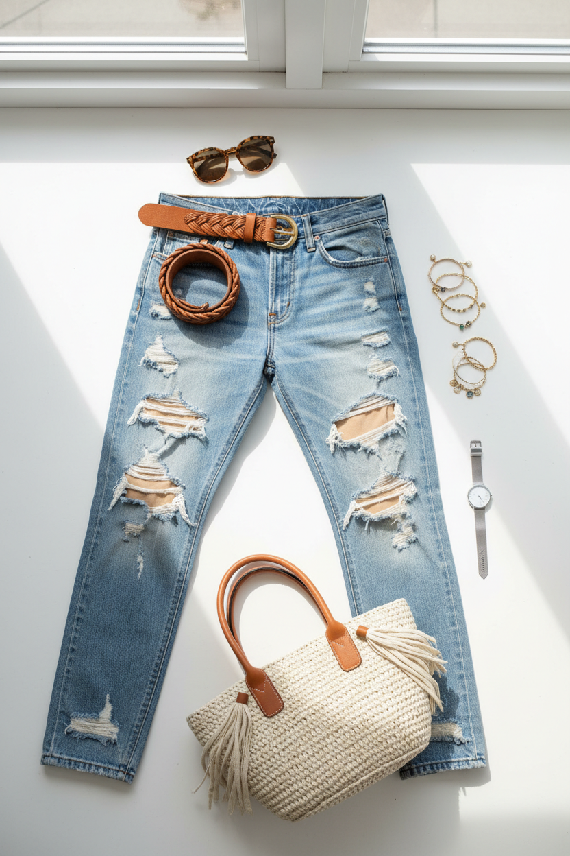 Ripped Leg Jeans - Flat Lay