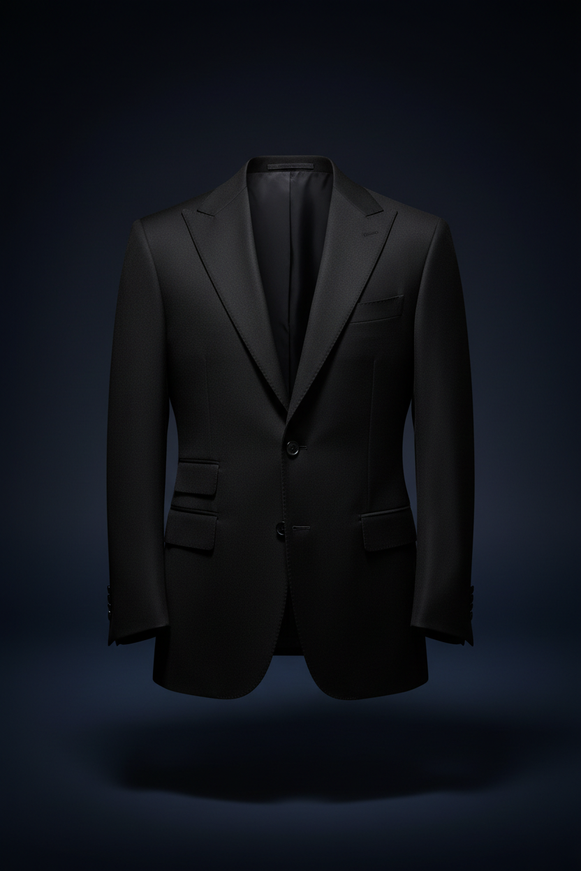 RON'S Collection Tailored Black Wool Blazer Navy Background