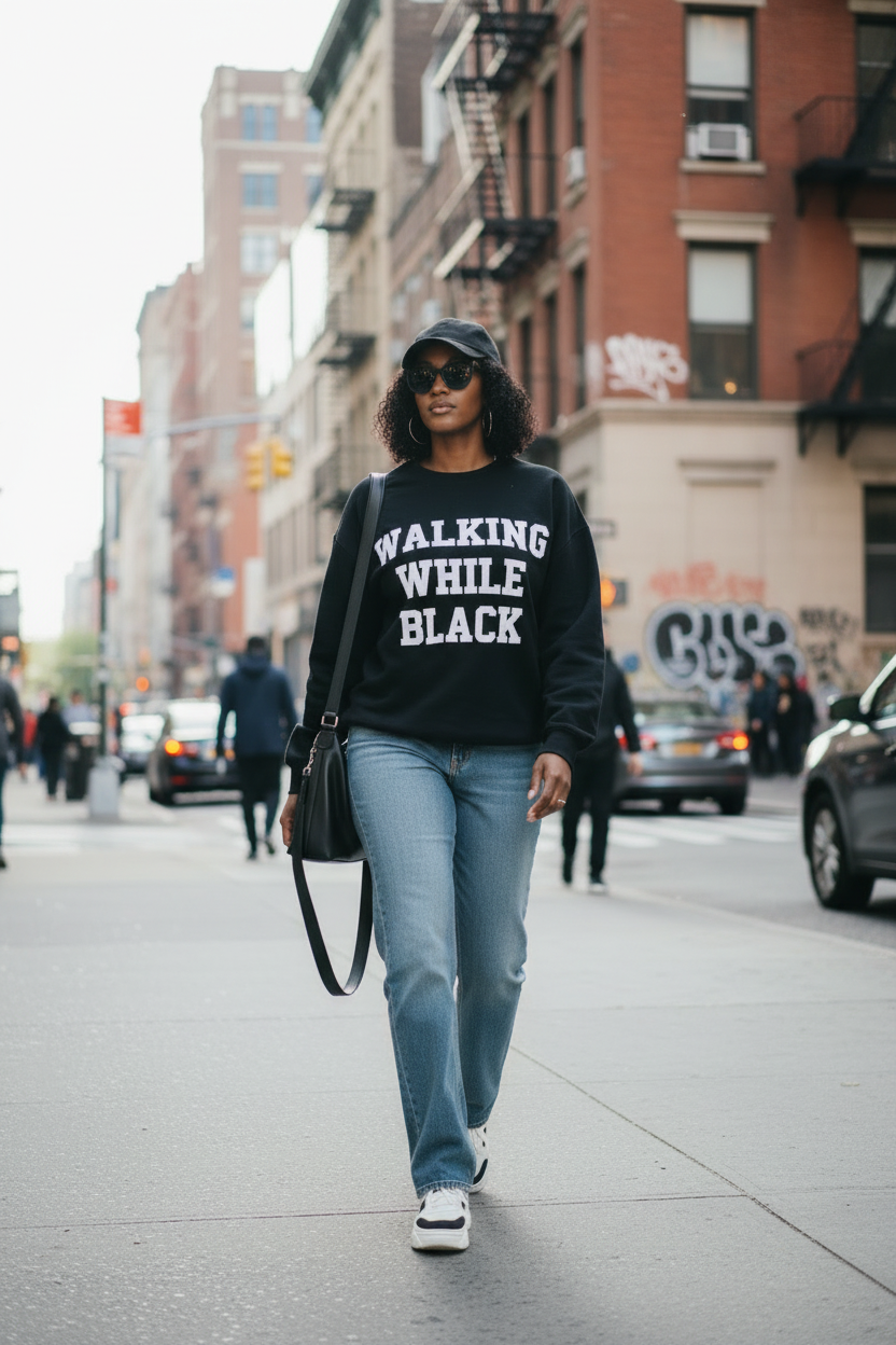 A woman walking on a city street wearing a black sweatshirt with the text 'WALKING WHILE BLACK' in white, paired with light blue jeans, a black cap, sunglasses, and a black shoulder bag.